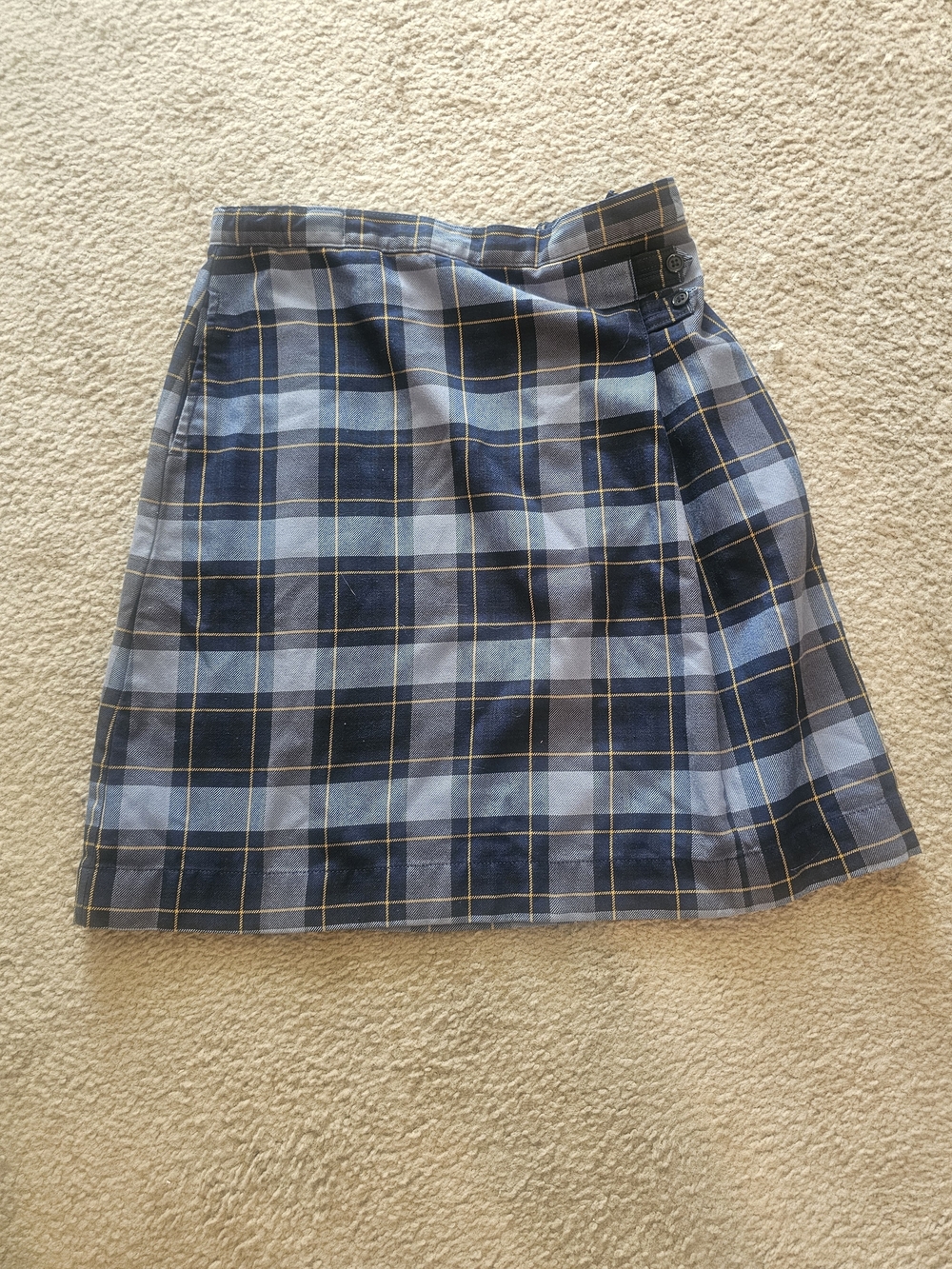 Lands' End Blue Plaid Wrap Mini Skirt with Yellow Accents